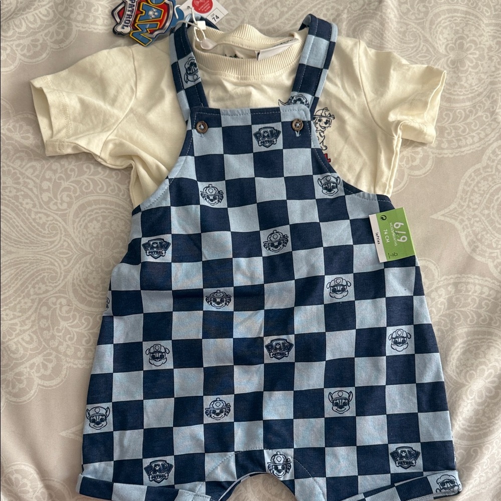 Checkered Blue Kids Overalls - Paw Patrol